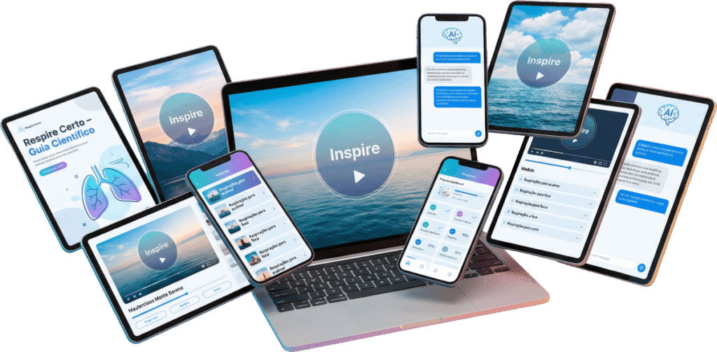 O aplicativo aberto em notebook, tablets e celulares: o player Inspire com respirações guiadas, o ebook Respire Certo, a masterclass em vídeo, a biblioteca por objetivo e o painel de progresso.